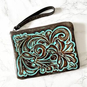 48. Patricia Nash Turquoise & Brown Leather Large Soft Zip Top Pouch Wristlet